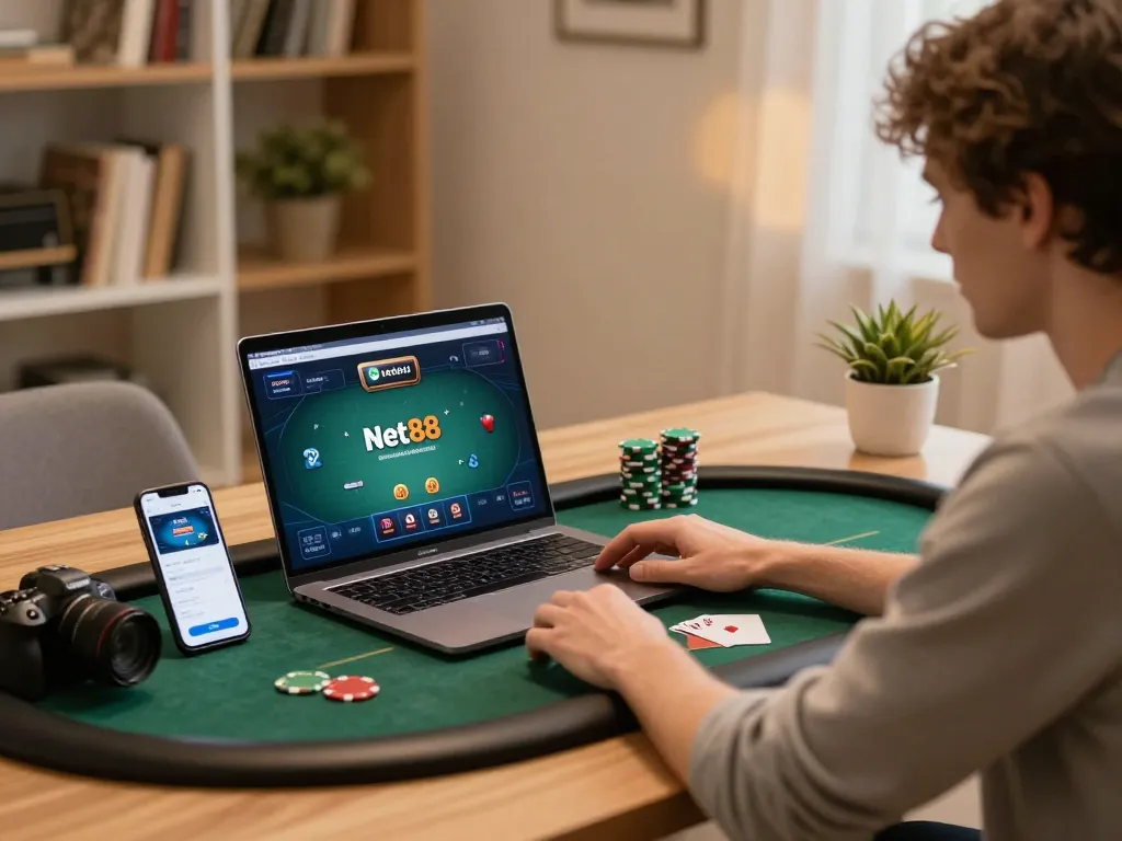 Player engaging in net88 online poker gameplay from a cozy home setup, showcasing strategy and excitement.