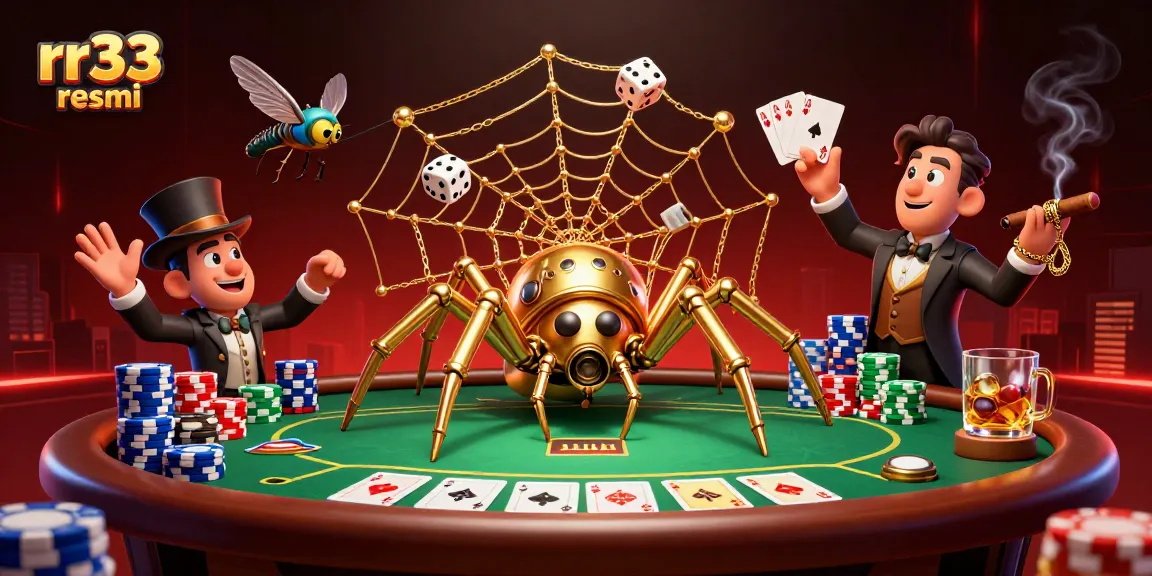 Engage with rr33 resmi in this vibrant casino scene full of poker chips, golden webs, and amusement.