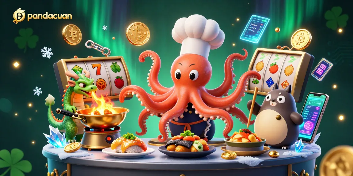 Slot gacor pandacuan menampilkan chef sushi 3D dengan naga, uang kripto, dan kepiting tanuki