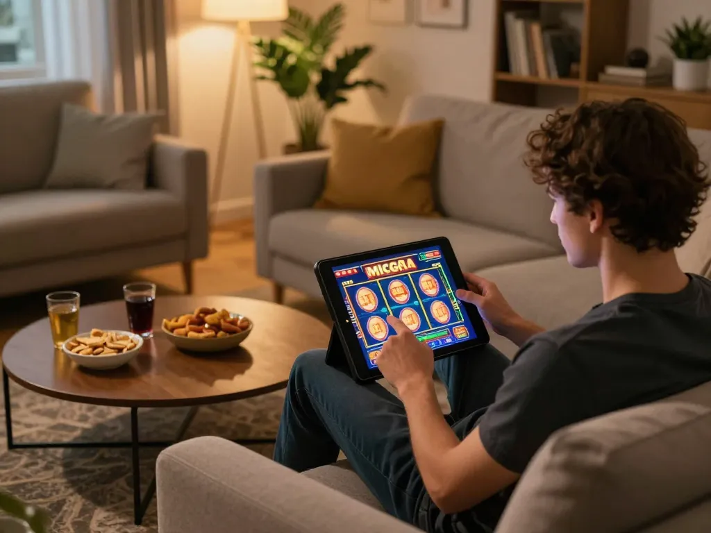 Experience thrilling mega slot gameplay on a tablet in a cozy home setting