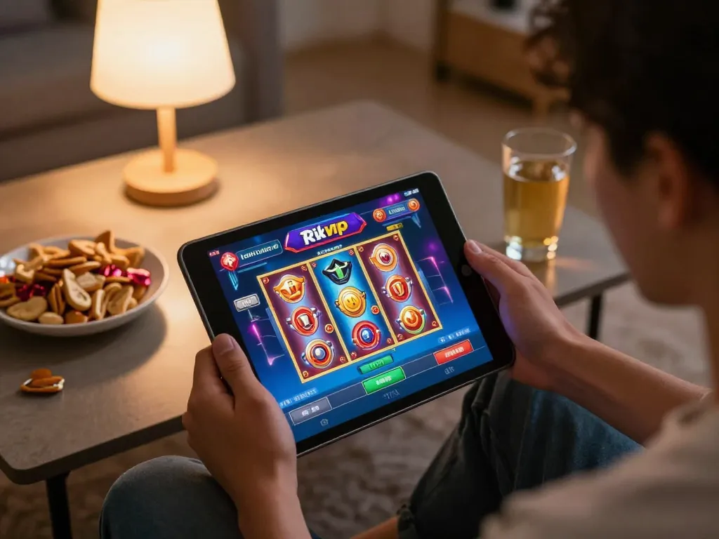 Play on Rik vip casino app with vibrant slot game interface beside snacks in cozy home atmosphere.