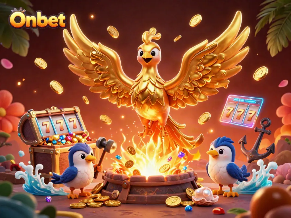 Experience winning moments on Onbet with a dynamic scene of a molten phoenix and casino elements.