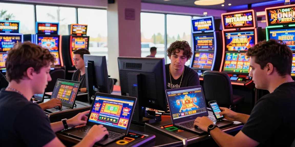 Players exploring new online casino sites with devices in a vibrant casino atmosphere showcasing colorful games and promotional banners.
