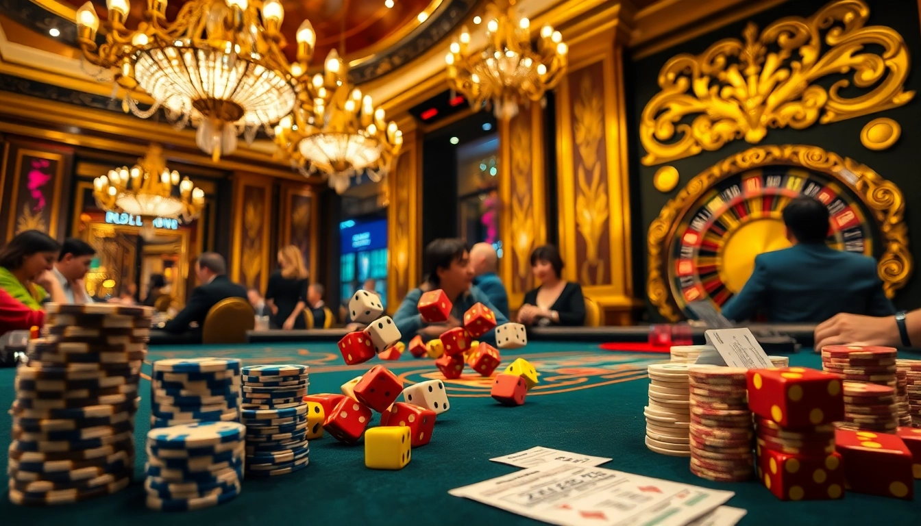 A high-stakes tài xỉu game in an elegant casino environment, showcasing vibrant dice and intense players.