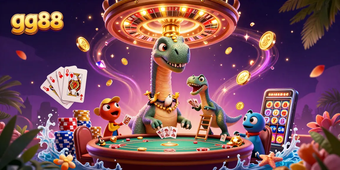 Engage with gg88 in an exciting casino scene featuring a giant brontosaurus and raptor dealers.
