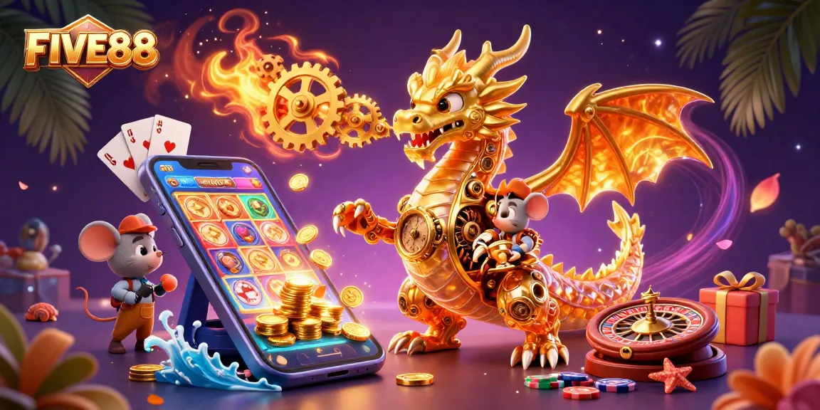 Experience excitement with FIVE88 as a golden dragon breathes gears amidst vibrant casino elements.