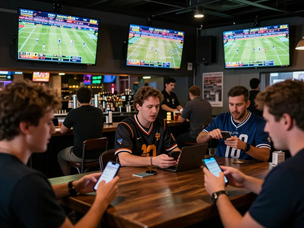 Tỷ lệ kèo nhà cái 5 captures the excitement of sports betting at a vibrant venue with screens and active bettors.