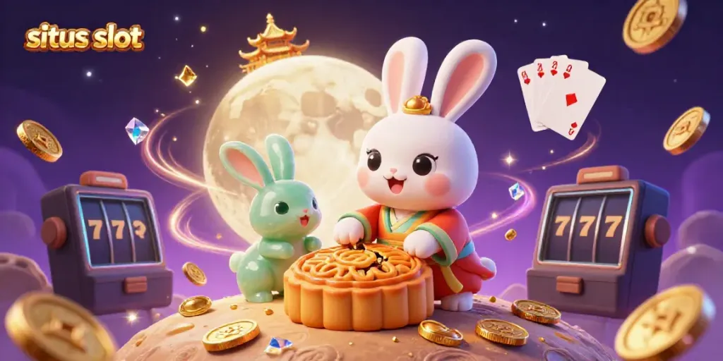 Situs slot game fantasy scene with a moon rabbit and poker chips spilling from mooncakes.