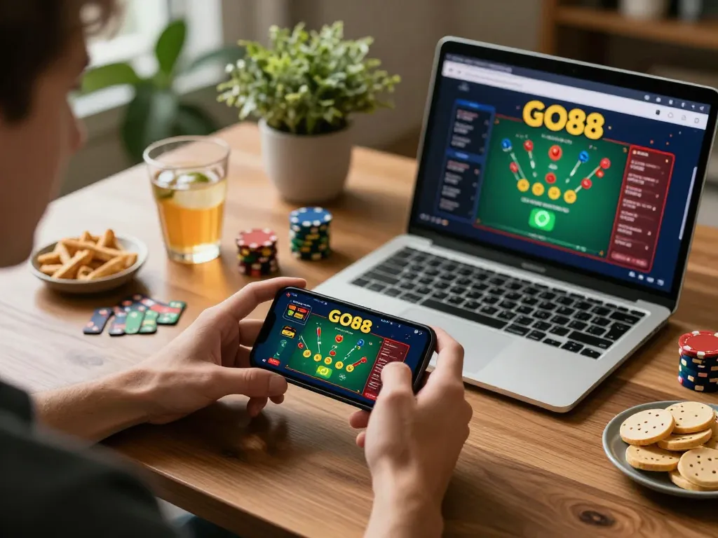 Player engaging with GO88's casino app on smartphone during an exciting online gaming session.