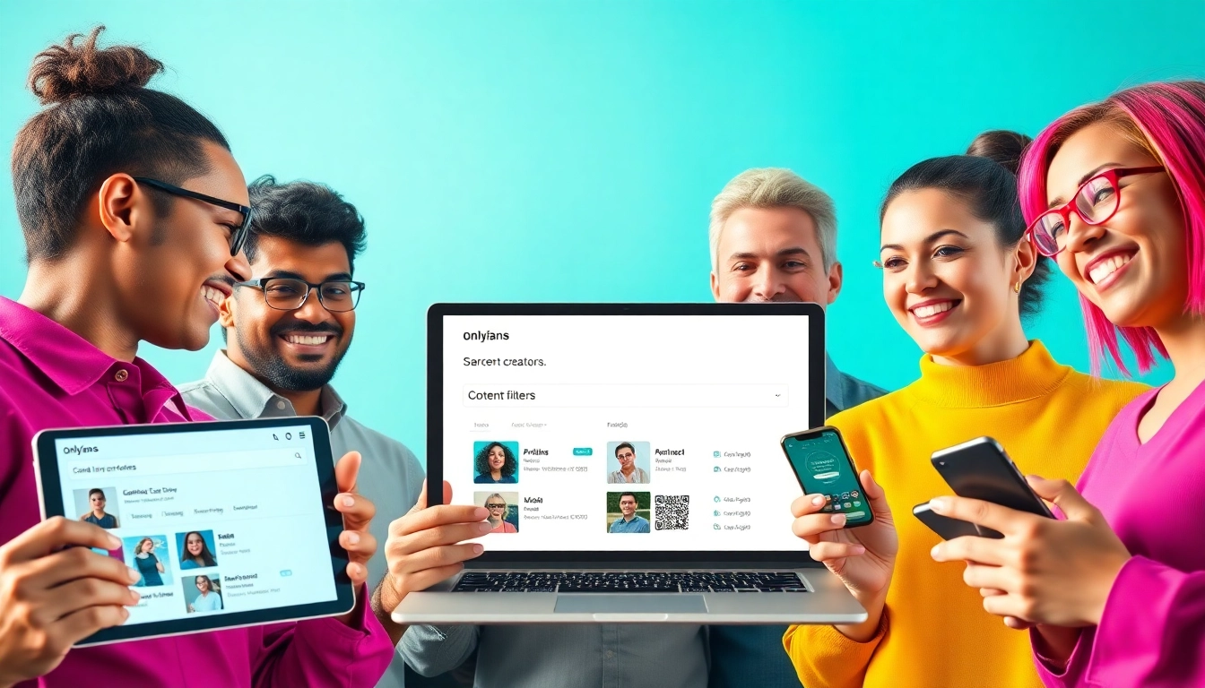 Advanced filtering for OnlyFans search showcasing diverse users engaging with a modern search interface.