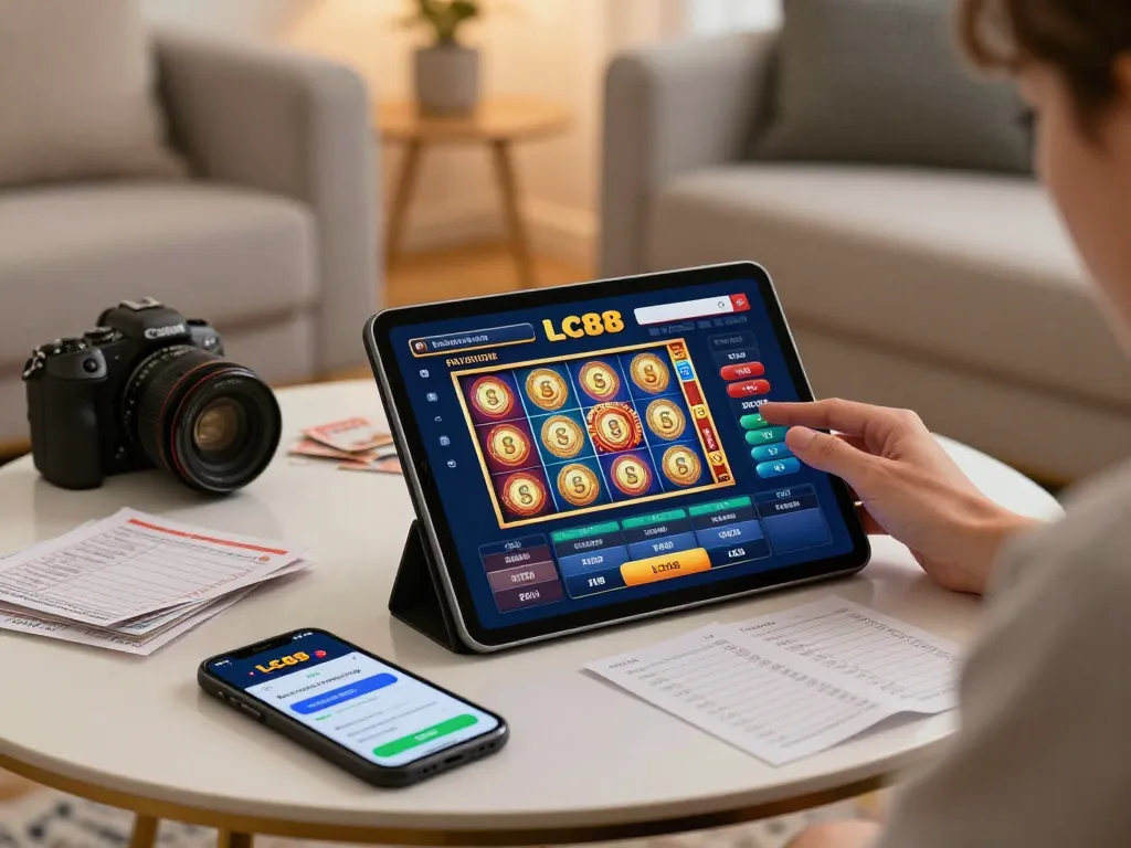 Engaging online gambling session at LC88, showcasing a player on a tablet with casino interface.