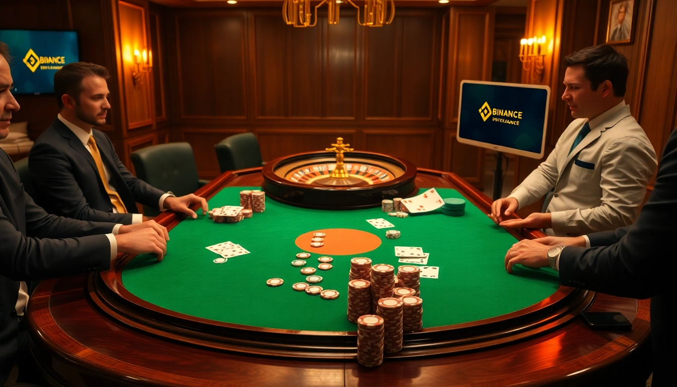 Engage in 바이낸스 회원가입 while enjoying a thrilling poker game at a luxury casino setting filled with vibrant poker chips and cards.