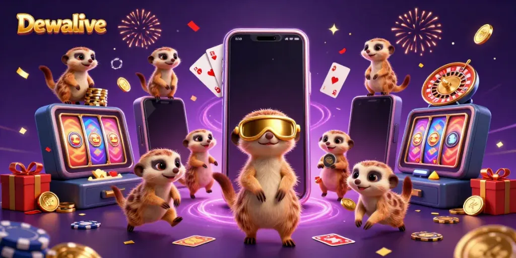 Dewalive engaging meerkats operating a lively casino, showcasing vibrant gaming elements.