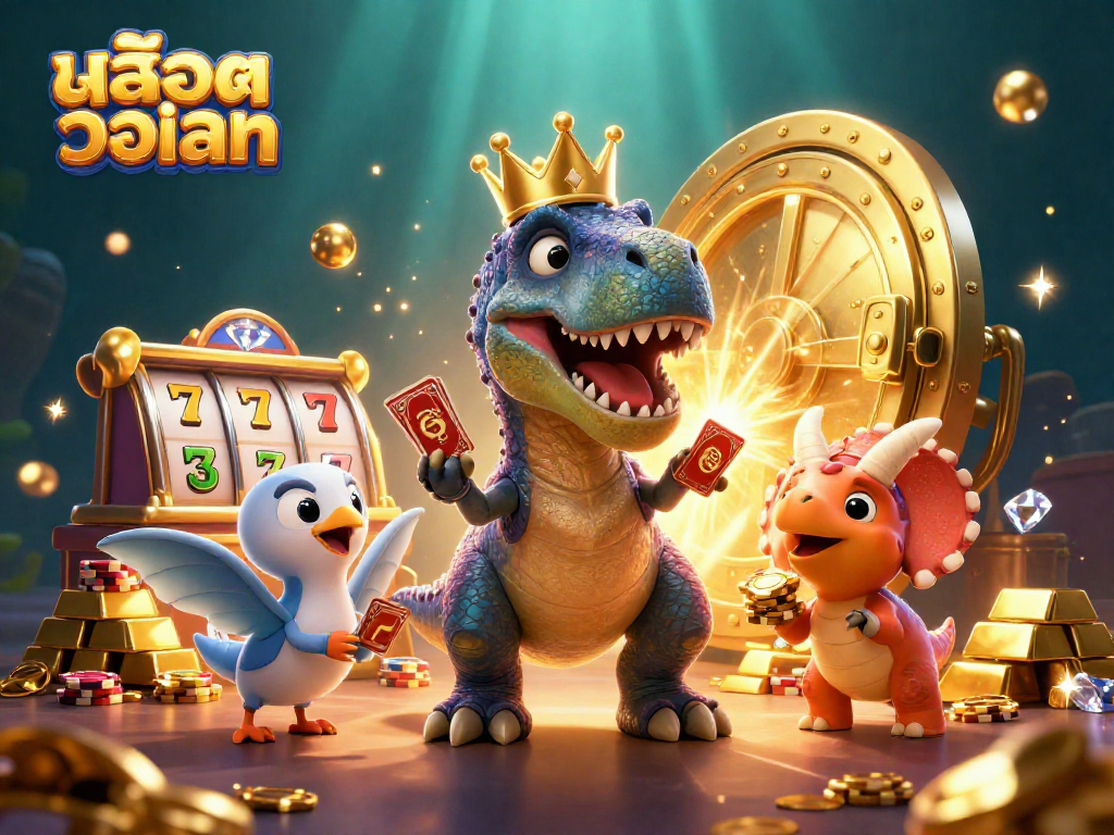 Engage with สล็อตวอเลท as a T-Rex shuffles cards and pterodactyl assists in an exciting casino scene.