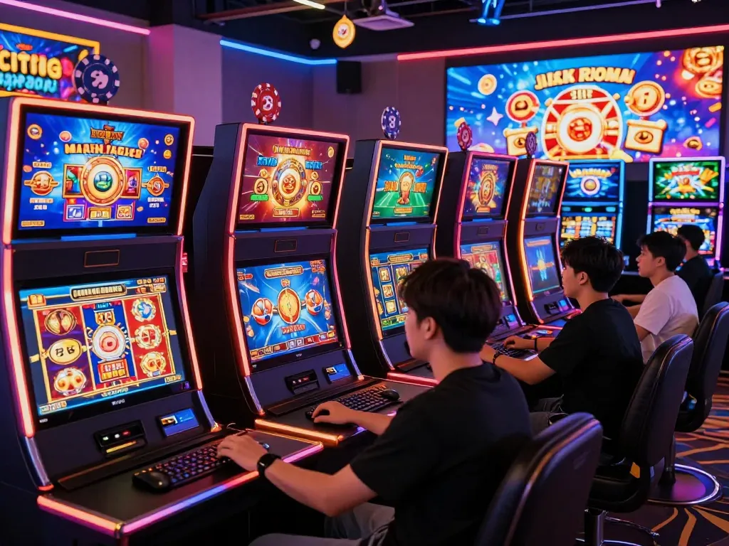 situs slot gacor pemain menikmati pengalaman permainan online yang menarik di lingkungan kasino yang dinamis penuh dengan layar berwarna-warni.