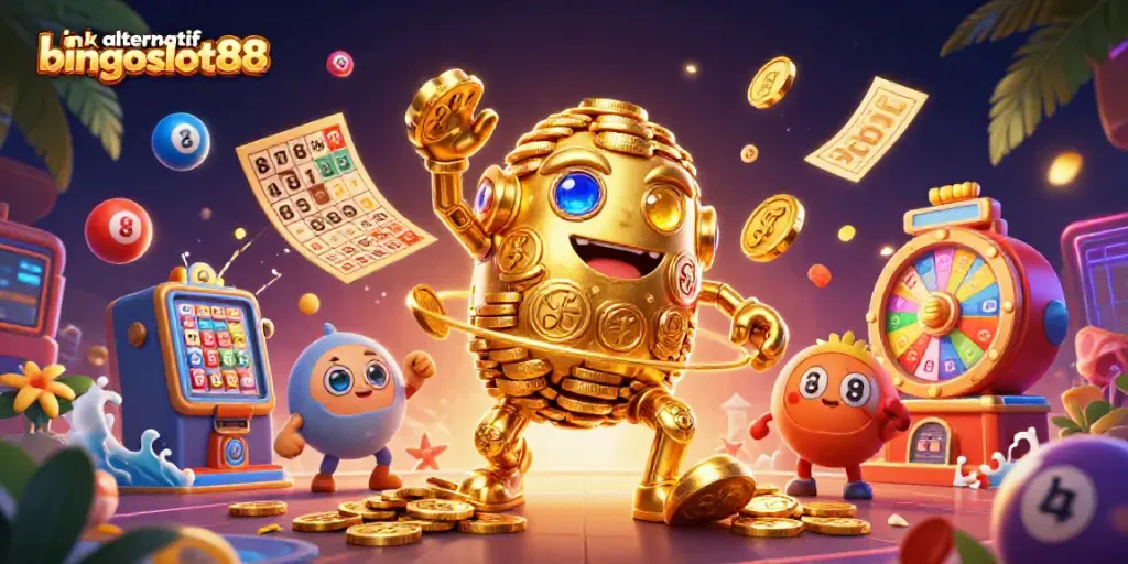 Menangkan hadiah menarik dengan link alternatif bingoslot88 saat bermain bingo dalam ilustrasi 3D berwarna-warni.