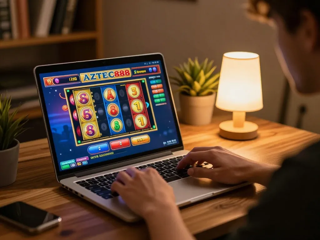 Engaging AZTEC888 gaming session on laptop with vibrant slot visuals in a cozy atmosphere.