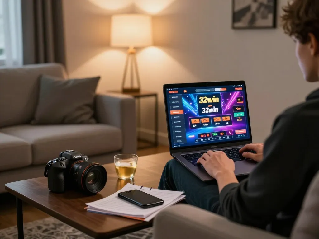 Engaging person using 32win online casino on a laptop, creating a cozy gaming atmosphere