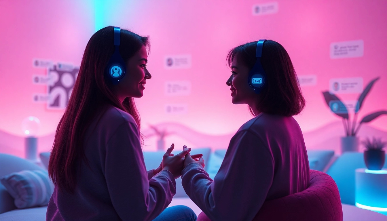 Engaging scene depicting free ai sex chat with friendly avatars in a vibrant digital environment.