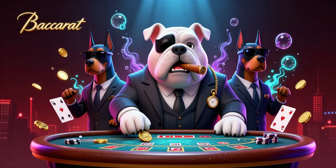 Baccarat table scene featuring a mafia bulldog and two Doberman bodyguards surrounded by floating playing cards and gold coins