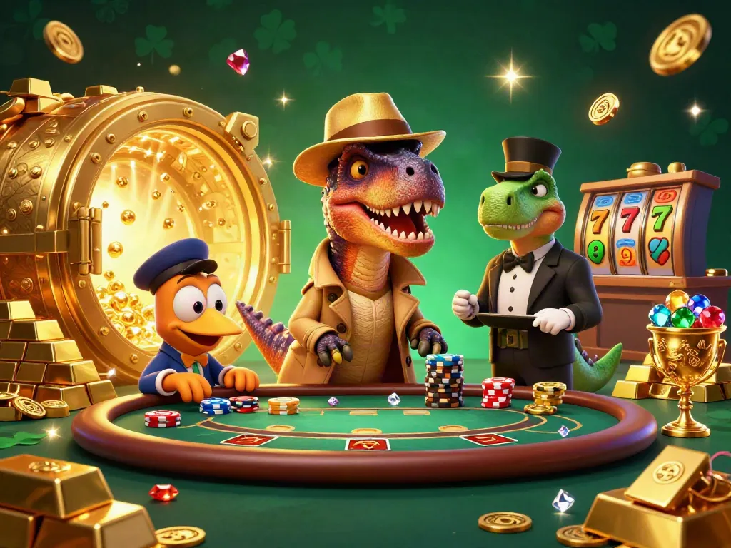 Slot gacor terbaik ditampilkan dengan velociraptor dan stegosaurus di meja kasino, momen mengesankan