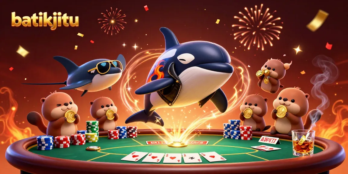 Batikjitu mengalahkan lawan di meja poker sambil menampilkan sekumpulan karakter laut yang menarik.