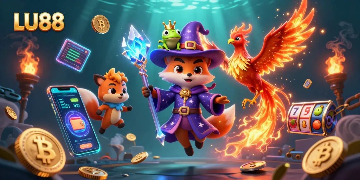 Experience LU88's vibrant casino world with a wizard fox, phoenix, and exciting crypto elements.