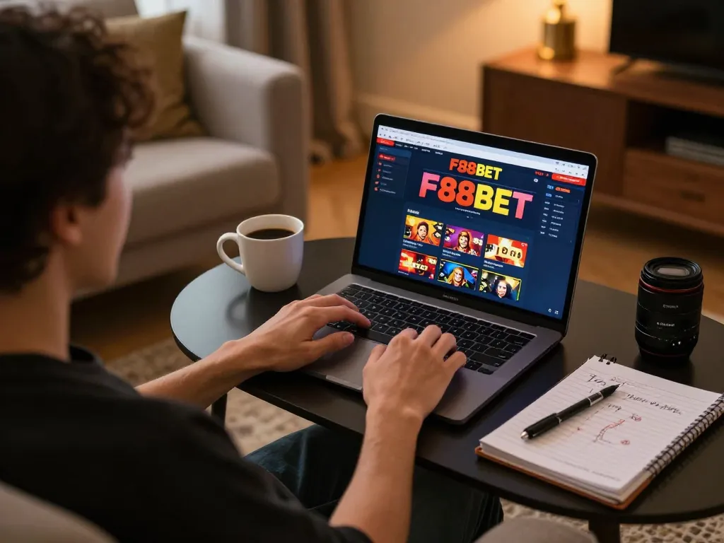 Player engaging in F88BET online casino gaming with laptop in cozy home setting