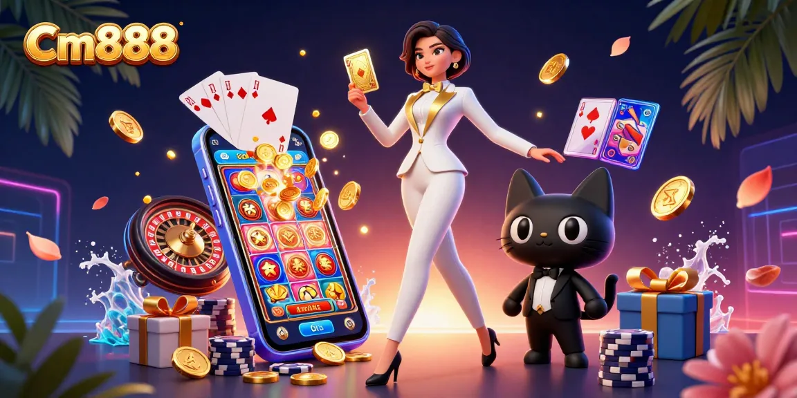 Experience exciting gameplay with Cm888 in this vibrant casino illustration depicting thrilling card shuffles and golden jackpots.