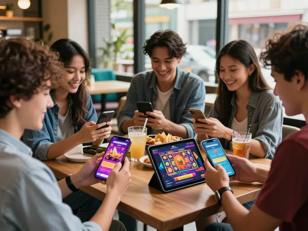 Engaging mobile users exploring the rusuntogel platform in a vibrant cafe setting.