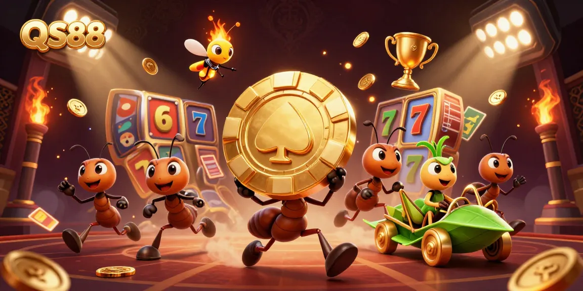 Experience the excitement of QS88 with ants heisting a giant poker chip amidst vibrant casino elements.