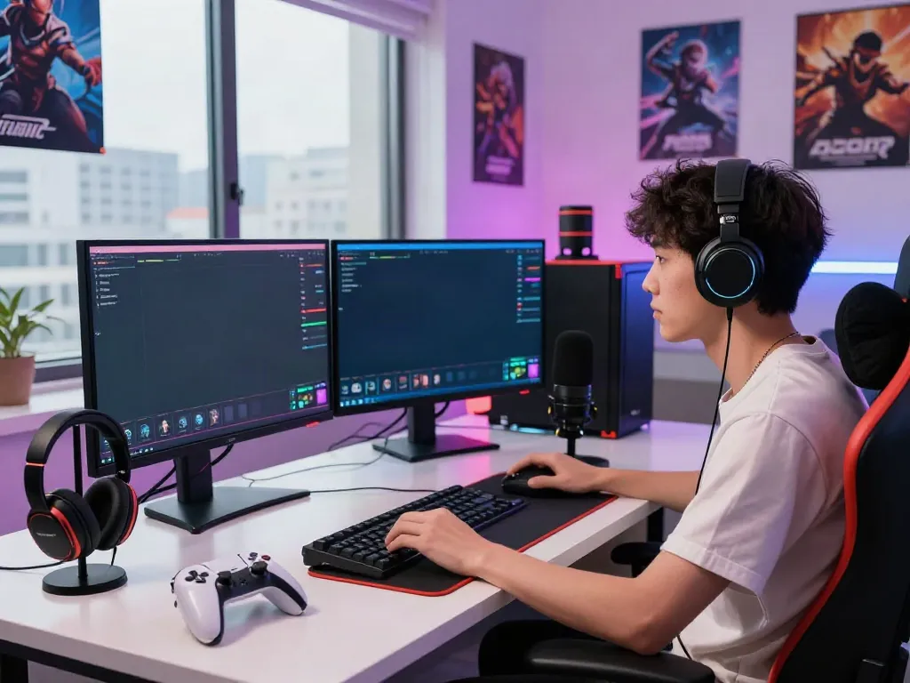 Pengaturan Vtuber yang dinamis dari RAJAWALI77, influencer gaming di ruang streaming modern.