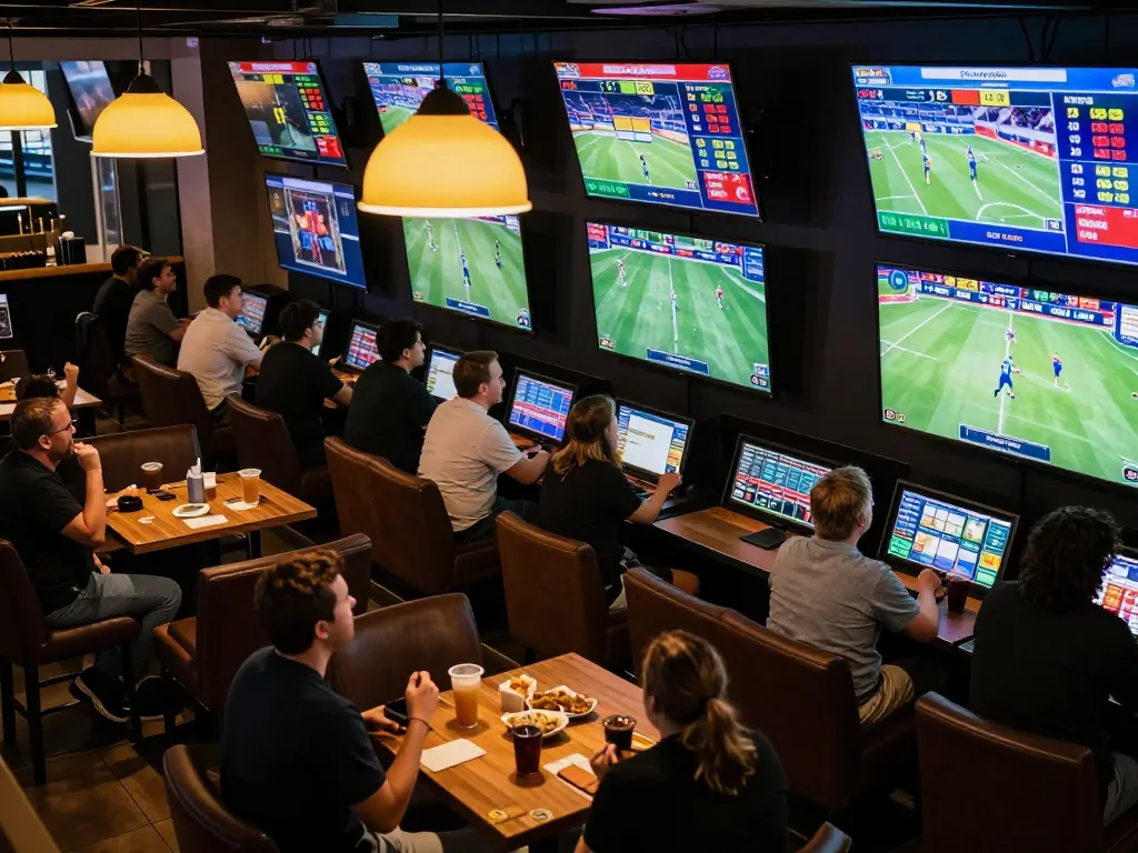 Exciting sports betting atmosphere at ZX88 with enthusiastic bettors cheering and multiple game screens.