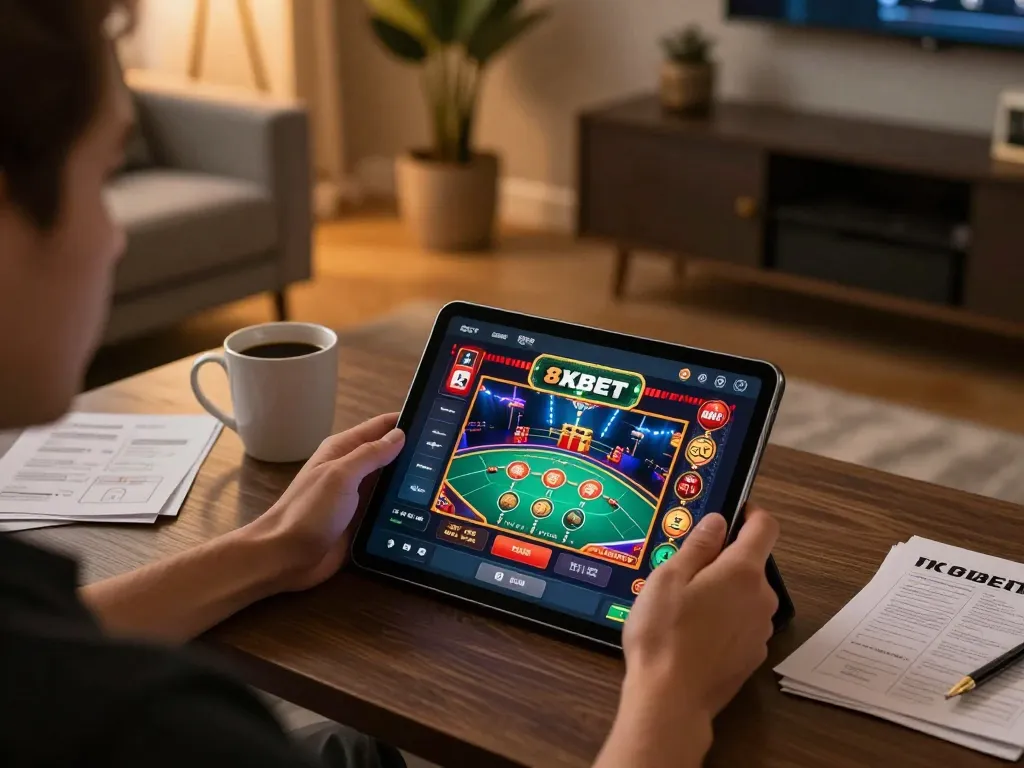 Engaging with the 8xbet casino app on a tablet in a cozy home setting, showcasing online gambling.