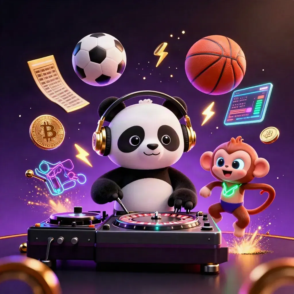 DJ panda, monkey, and glow-stick kitten amid casino sports energy and flying coins.
