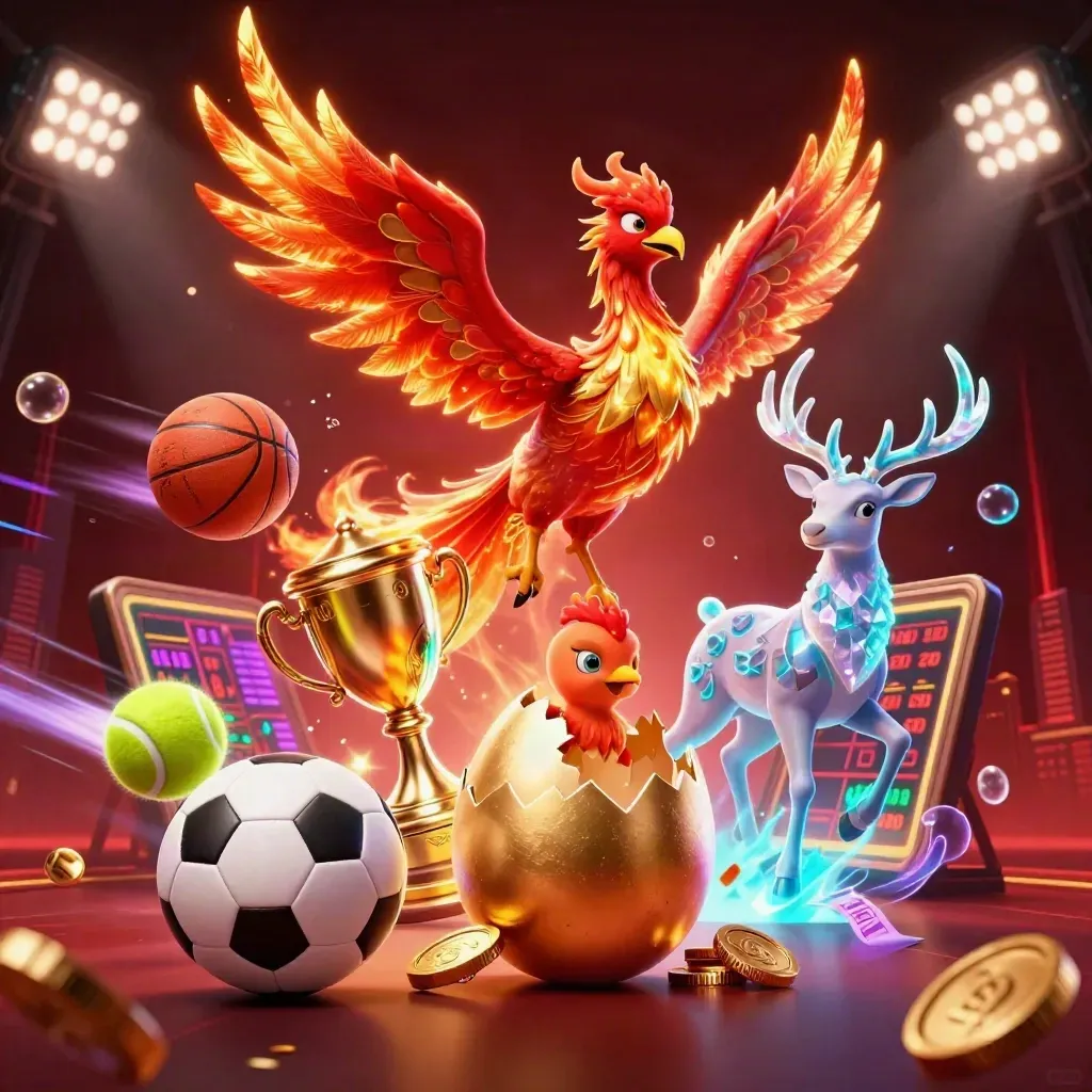 Fire phoenix, baby phoenix, and crystal stag amid flying sports balls and casino gold glow.