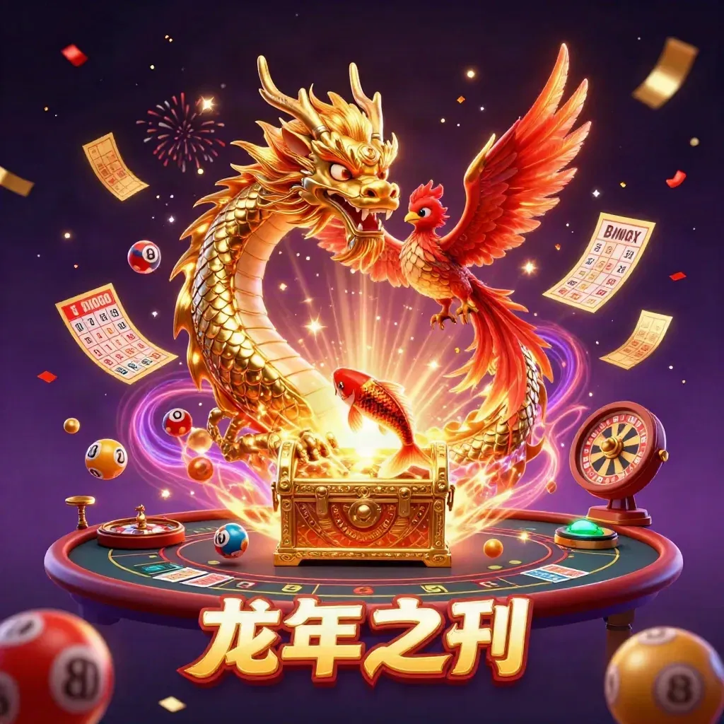Golden dragon, phoenix, and koi amid jackpot symbols, fireworks, and casino glow on dark purple-black.