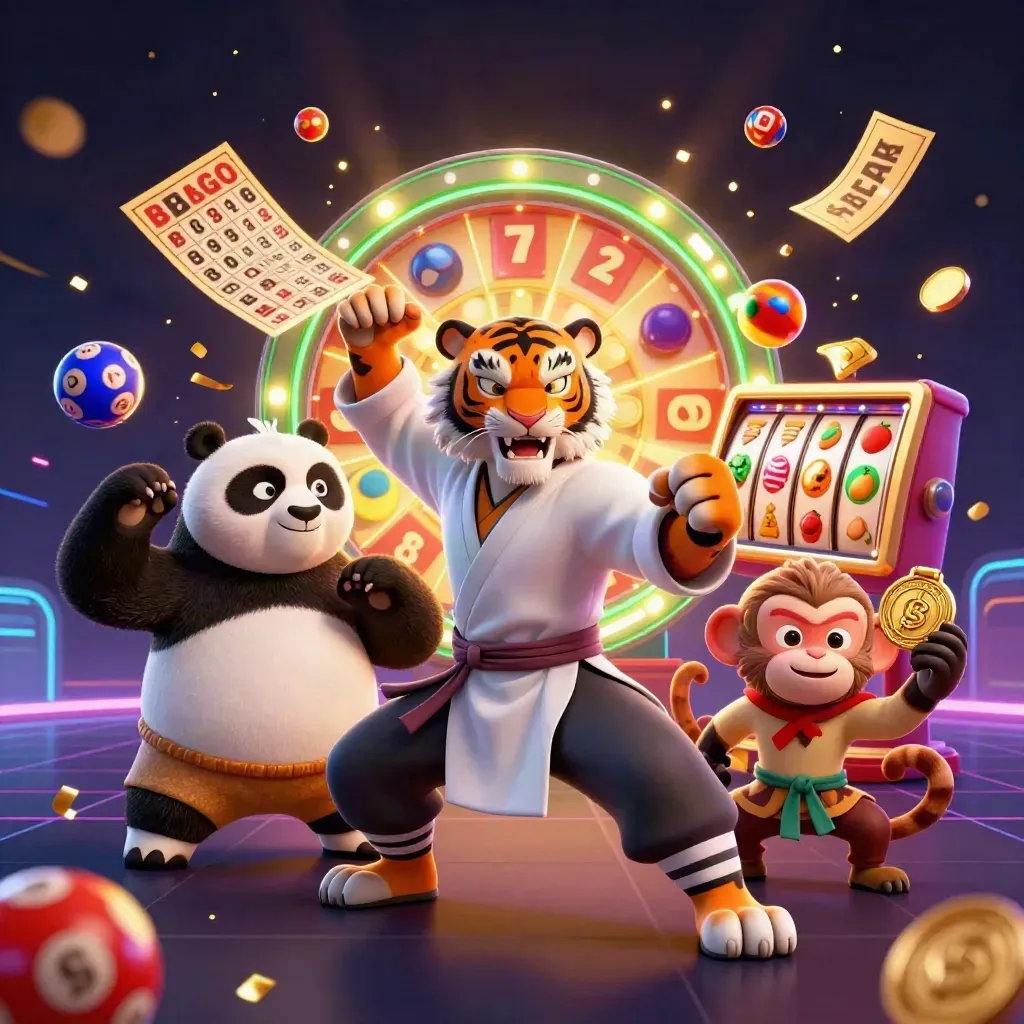 Kung-fu tiger, panda, and monkey amid casino bursts, lottery balls, reels, wheel, and golden sparkle.