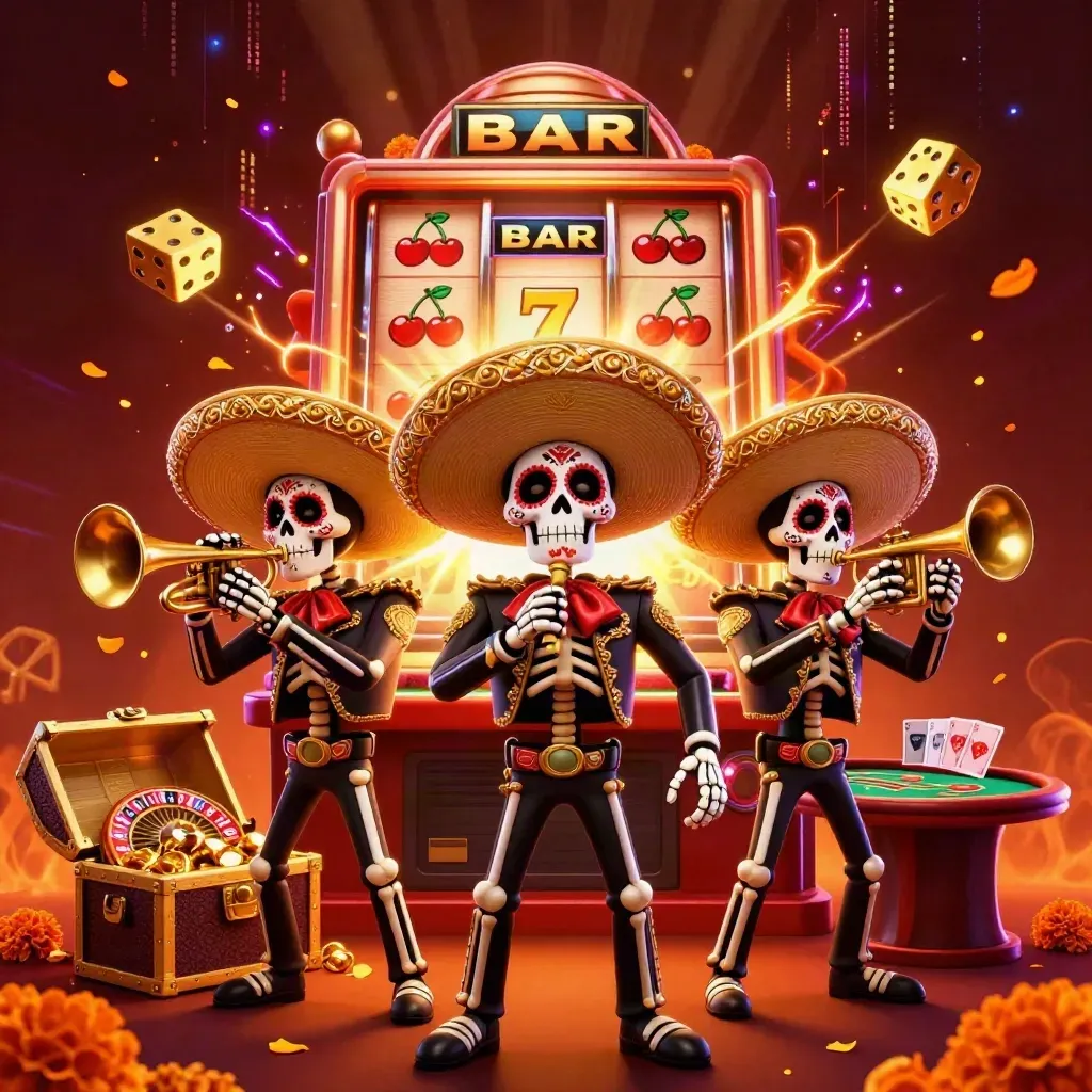 Skeleton mariachi trio amid exploding slots, coins, roulette wheel and treasure in neon casino glow