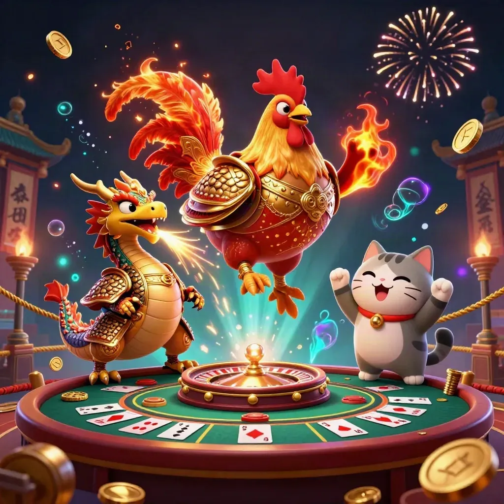 Rooster samurai, dragon hatchling, and fortune cat amid coins, roulette, and casino glow
