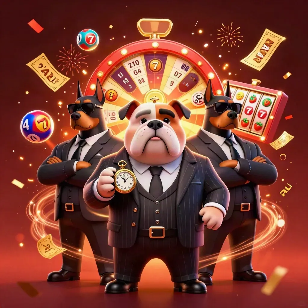 Bulldog mafia boss with two Doberman bodyguards amid jackpot reels, balls, confetti, and fireworks