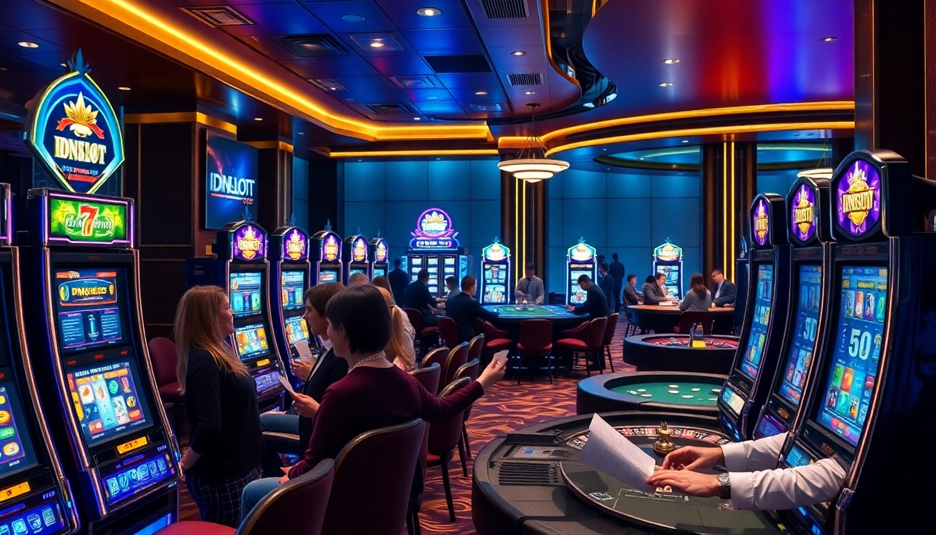 Players enjoying thrilling slot games at IDNSLOT casino, celebrating wins with chips and betting slips.
