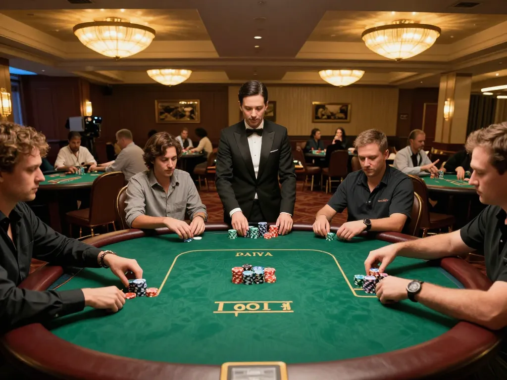 Players strategizing at poker tables in a lively casino setting featuring z16 gaming dynamics