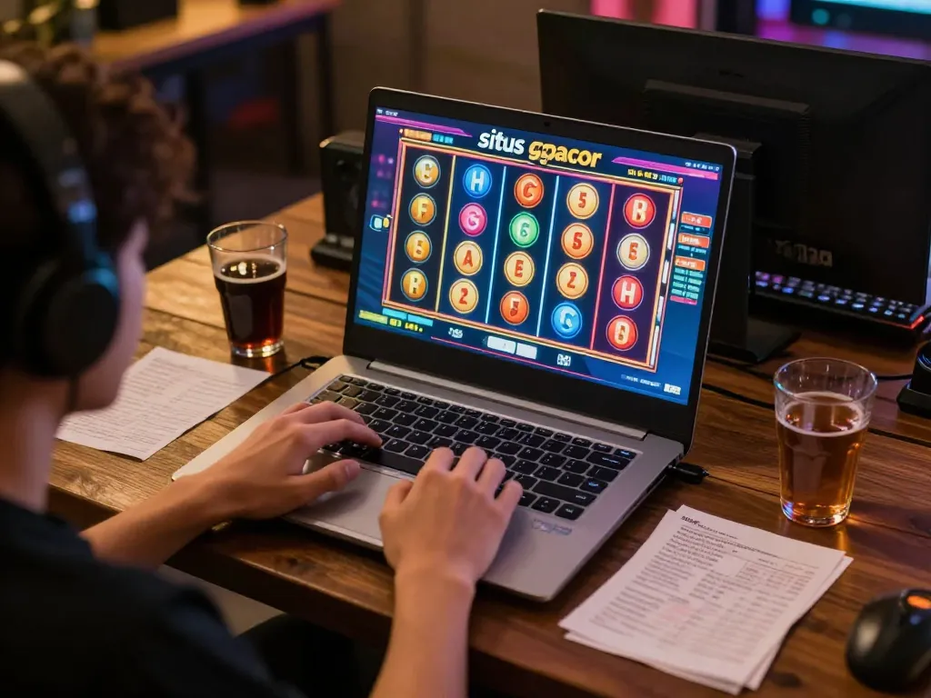 Player experiencing situs slot gacor on a laptop with vibrant slot interface.