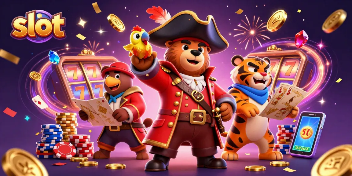 Spin the slot reels with a pirate bear captain in a lively casino scene filled with treasures.