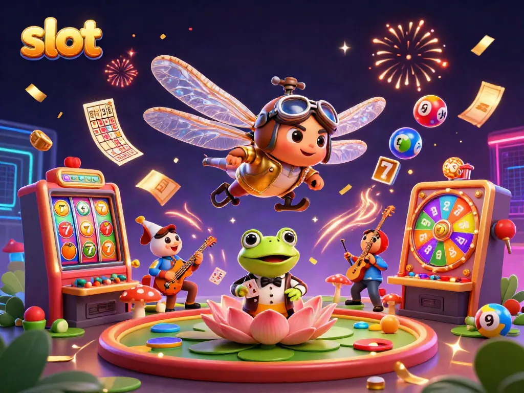 Slot video menampilkan pilot capung 3D, dealer katak, dan musisi jangkrik dalam suasana karnaval kasino.