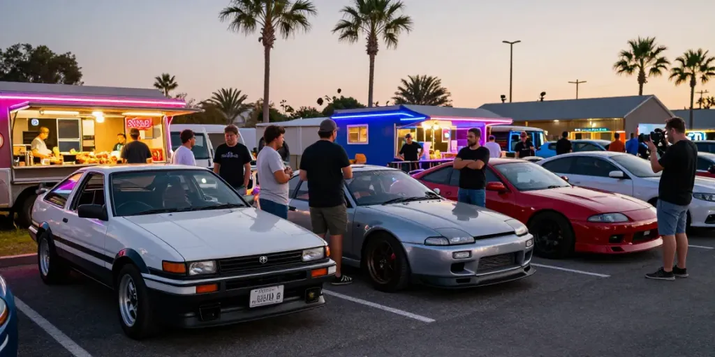 A80 platform showcased at a lively car meet, highlighting automotive enthusiasts and performance discussions.