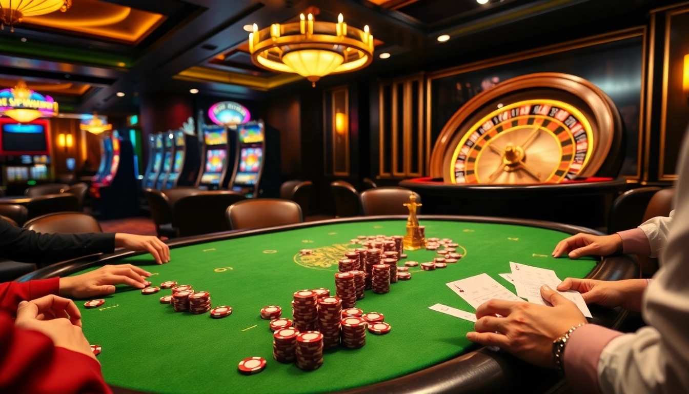 Players strategizing at a high-stakes poker table while enjoying games at https://okwin.blog/, surrounded by vibrant casino decor.