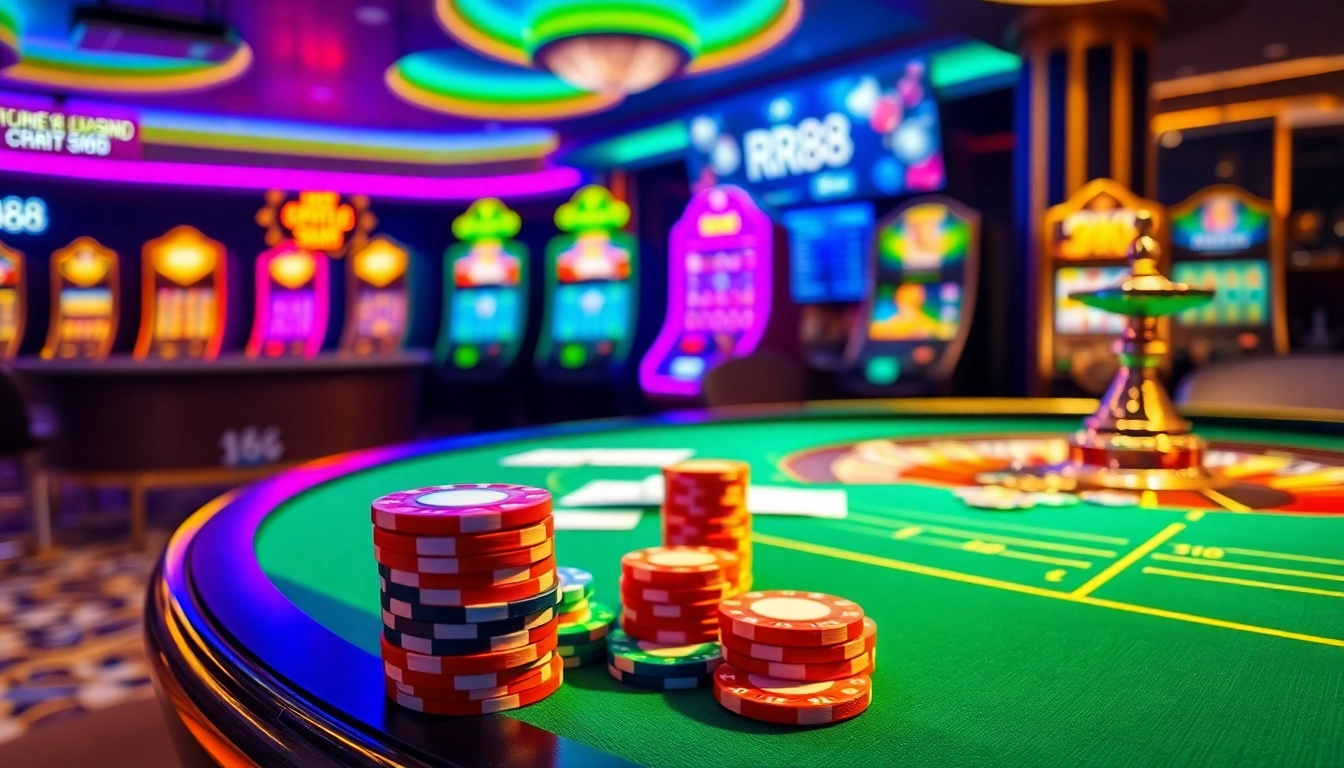 Experience thrilling gameplay at https://rr88sn.com/ with poker chips and roulette in a luxury casino setting.