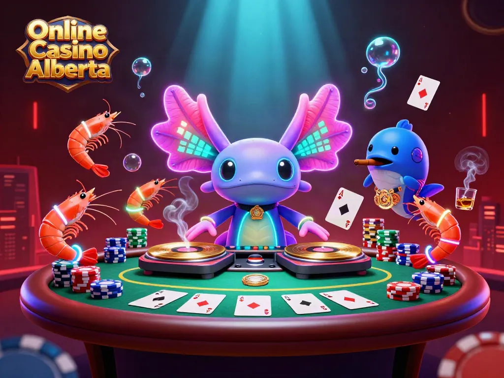 Engage with Online Casino Alberta excitement through vibrant aquatic-themed casino illustration featuring a DJ and playful characters.